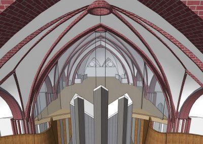 Blick unterhalb des Gewölbes in Richtung der Orgel